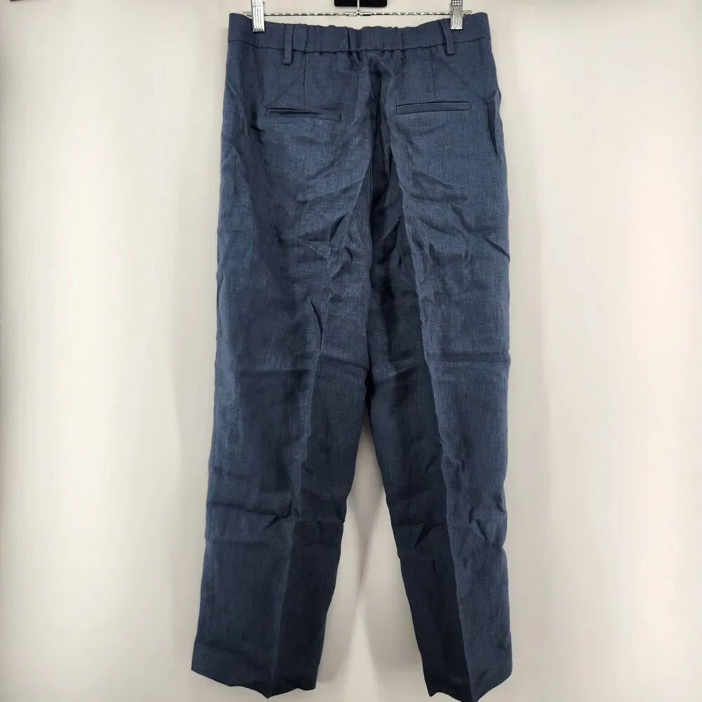 MNG Mango Women's Size 6 Blue Pleated‎ Detail Straight Fit Linen Pants NWT
